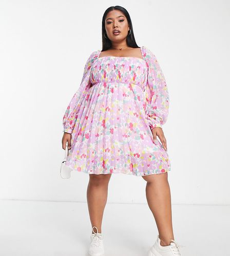 ASOS DESIGN Curve - Vestito skater corto a pieghe lilla a fiori con scollo quadrato - ASOS Curve - Modalova