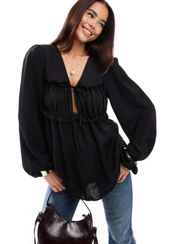 Blusa nera arricciata e allacciata sul davanti - ASOS DESIGN - Modalova