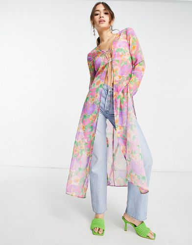 Kimono lungo trasparente rosa con stampa vivace e maniche lunghe allacciato sul davanti - ASOS DESIGN - Modalova