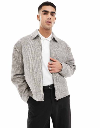 Oversized wool look harrington jacket with herringbone in grey - ASOS DESIGN - Modalova