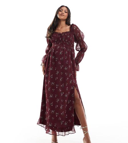 ASOS DESIGN Maternity - Vestito milkmaid midi a maniche lunghe arricciato in vita bordeaux a fiori - ASOS Maternity - Modalova