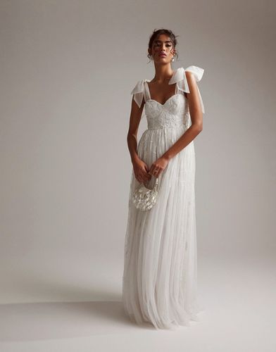 Mila - Vestito da sposa color avorio in rete decorato a fiori con spalline annodate - ASOS DESIGN - Modalova