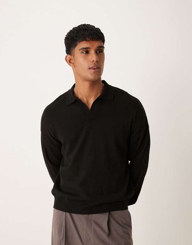 Polo a maniche lunghe comoda squadrata in maglia nera con intaglio sul collo - ASOS DESIGN - Modalova