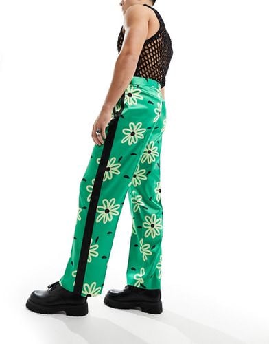 Pantaloni verdi in raso a fondo ampio con stampa a fiori - ASOS DESIGN - Modalova