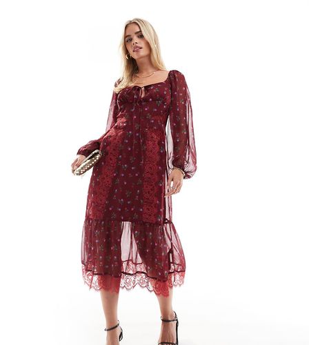 ASOS DESIGN Petite - Vestito midi a maniche lunghe allacciato sul davanti bordeaux a fiori con inserti in pizzo - ASOS Petite - Modalova