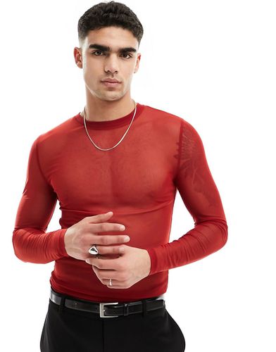 T-shirt a maniche lunghe attillata rossa in rete - ASOS DESIGN - Modalova