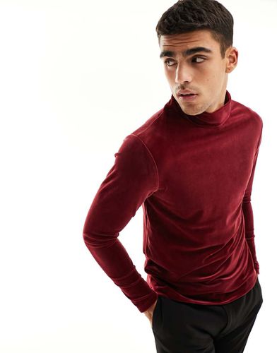 T-shirt attillata a maniche lunghe in velour bordeaux con collo alto - ASOS DESIGN - Modalova