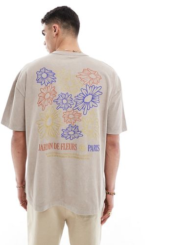 T-shirt oversize pesante beige slavato con stampa a fiori sulla schiena - ASOS DESIGN - Modalova