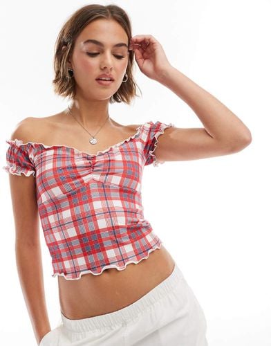 Top milkmaid color vino a quadri con maniche a sbuffo - ASOS DESIGN - Modalova