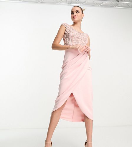 ASOS DESIGN Tall - Vestito midi con spalle scoperte e perline decorative rosa a portafoglio - ASOS Tall - Modalova