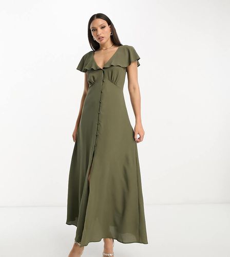 ASOS DESIGN Tall - Vestito da giorno midi kaki con bottoni e maniche con volant - ASOS Tall - Modalova