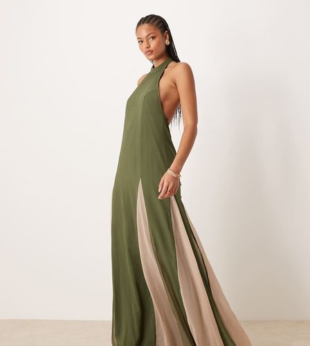 ASOS DESIGN Tall - Robe longue en mousseline à col montant et jupe à godets contrastants - foncé - Asos Tall - Modalova