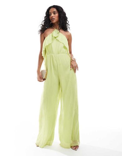 Tuta jumpsuit testurizzata lime allacciata al collo a fondo ampio con volant - ASOS DESIGN - Modalova