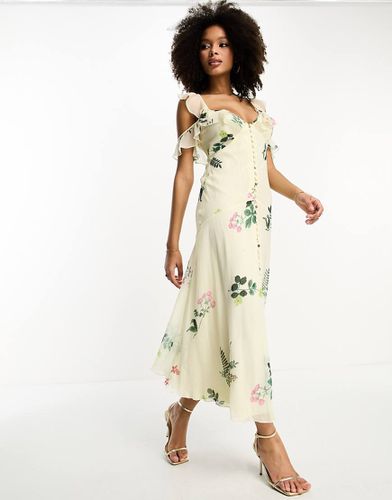 Vestito al polpaccio con stampa a fiori limone e bottoni con maniche con volant arricciate - ASOS DESIGN - Modalova