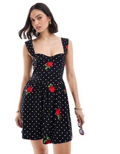 Vestito corto ricamato nero a pois bianchi con spalline sottili - ASOS DESIGN - Modalova