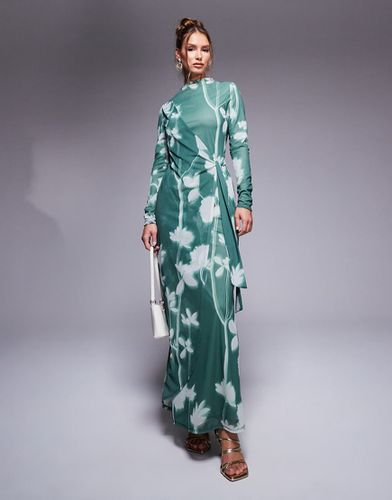 Vestito lungo accollato a maniche lunghe verde con stampa a fiori e laccio avvolgente - ASOS DESIGN - Modalova