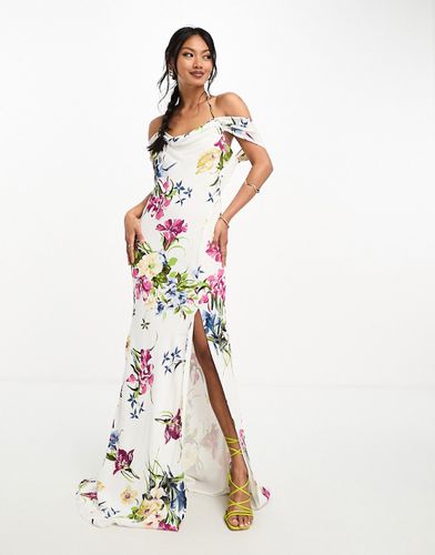 Vestito lungo asimmetrico aperto dietro con lacci e maniche ad aletta bianco con stampa a fiori - ASOS DESIGN - Modalova