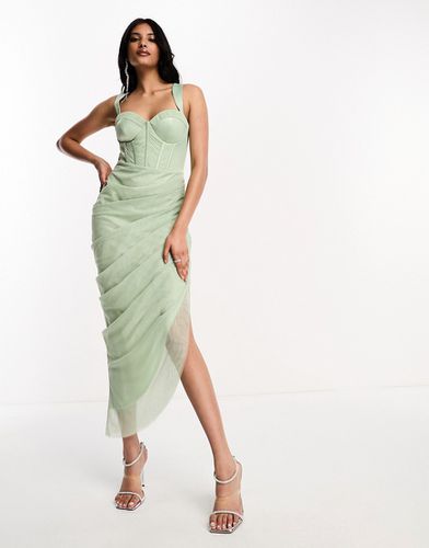Vestito lungo arricciato in raso e rete verde salvia con dettaglio stile corsetto - ASOS DESIGN - Modalova
