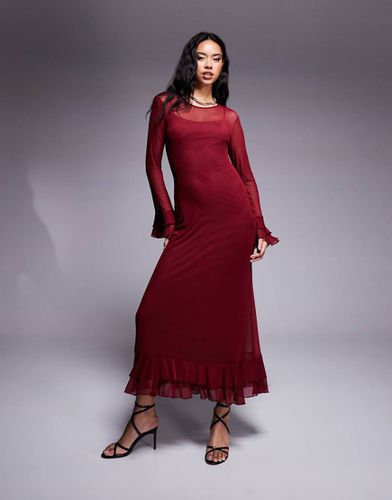 Vestito lungo in tessuto a rete bordeaux a maniche lunghe con volant - ASOS DESIGN - Modalova