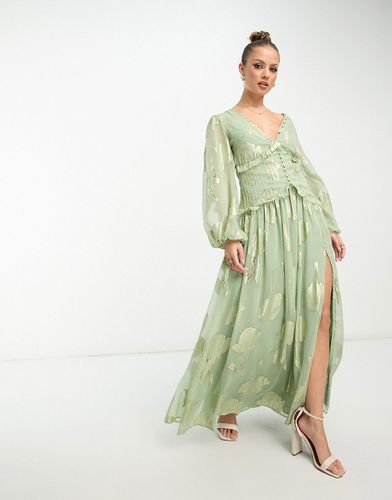 Vestito lungo in jacquard a fiori verde metallizzato con bottoni e pinces - ASOS DESIGN - Modalova