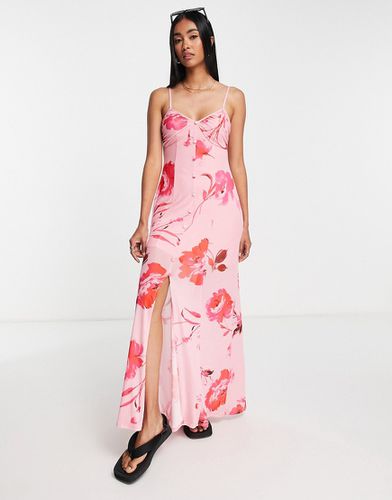 Vestito lungo in rete con spalline sottili e bottoni con stampa a fiori nera e rosa sfumata - ASOS DESIGN - Modalova