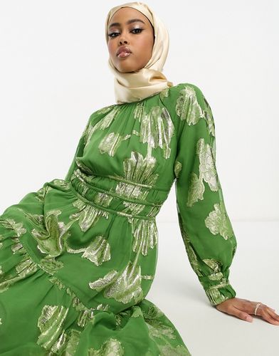 Vestito lungo metallizzato con maniche a sbuffo verde a fiori color oro - ASOS DESIGN - Modalova