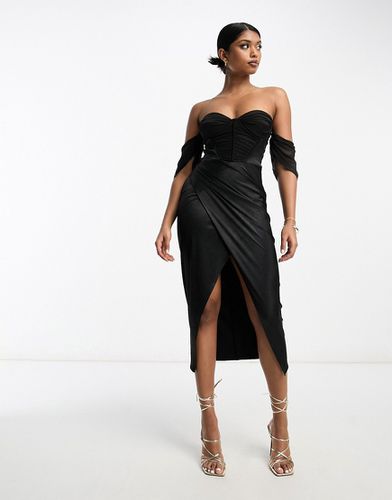 Vestito midi a fascia stile corsetto in raso e rete nero - ASOS DESIGN - Modalova