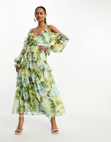 Vestito midi a spalle scoperte con volant e stampa a base verde e fiori blu - ASOS DESIGN - Modalova