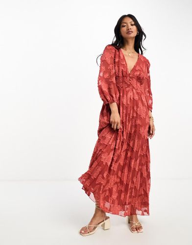 Vestito midi a pieghe color ruggine dévoré con vita arricciata e bottoni - ASOS DESIGN - Modalova