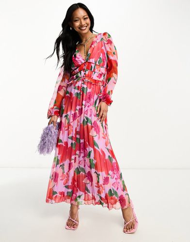 Vestito midi a pieghe con bottoni arricciato in vita a fiori - ASOS DESIGN - Modalova