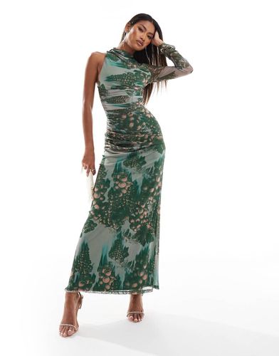 Vestito midi accollato in rete verde con stampa di uva e manica singola - ASOS DESIGN - Modalova