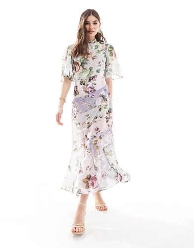 Vestito midi accollato lilla a fiori con maniche a tre quarti e spacco - ASOS DESIGN - Modalova