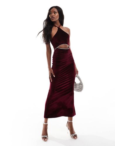 Vestito midi allacciato al collo e incrociato in velluto bordeaux con finiture in strass - ASOS DESIGN - Modalova