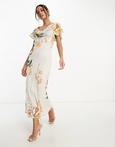 Vestito midi con stampa a fiori con maniche con volant e scollo ad anello color crema - ASOS DESIGN - Modalova