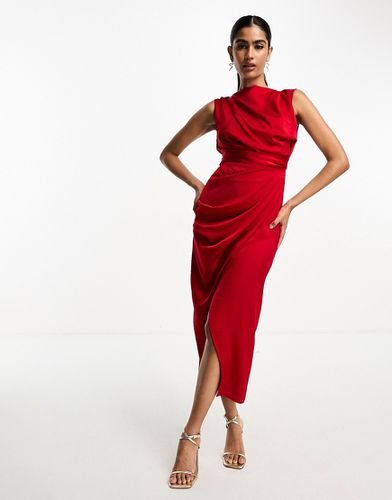 Vestito midi drappeggiato in raso rosso con gonna a portafoglio - ASOS DESIGN - Modalova