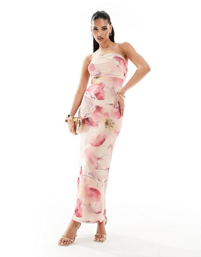 Vestito midi in rete a fascia con dettaglio arricciato e stampa a fiori primaverili in tonalità pastello - ASOS DESIGN - Modalova