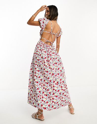 Vestito milkmaid midi con busto arricciato e apertura con laccio sul retro con stampa a fiori vivaci - ASOS DESIGN - Modalova