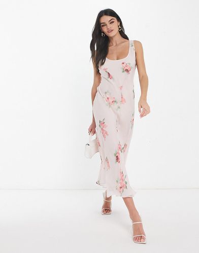 Vestito sottoveste midi in chiffon rosa a fiori con scollo rotondo - ASOS DESIGN - Modalova