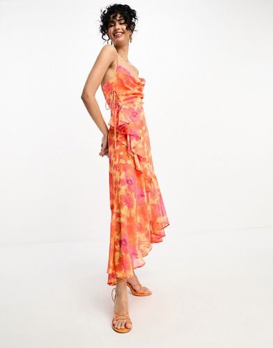 Vestito sottoveste con scollo ad anello e fondo asimmetrico arancione con stampa floreale e laccetti laterali - ASOS DESIGN - Modalova