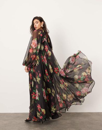 Vestito lungo in chiffon nero con stampa floreale e maniche voluminose - ASOS EDITION - Modalova