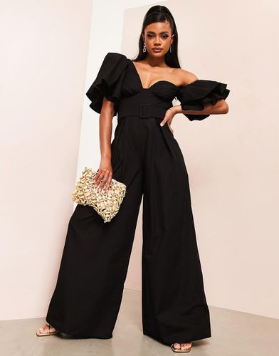 Tuta jumpsuit monospalla in popeline nera con cintura - ASOS LUXE - Modalova