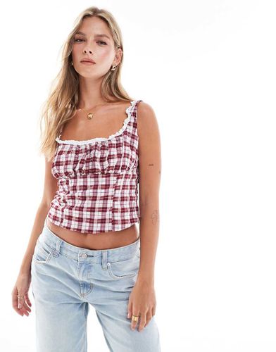 Top milkmaid bordeaux a quadri con finiture in pizzo - Bershka - Modalova