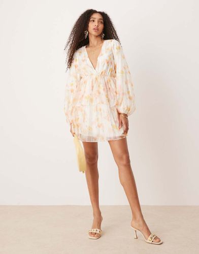 Robe courte à imprimé aquarelle avec col V et manches longues - Anthracite - Gina Tricot - Modalova