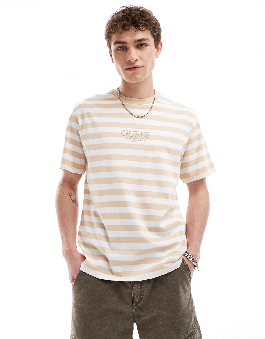 T-shirt unisex a righe beige e bianca - Guess Originals - Modalova