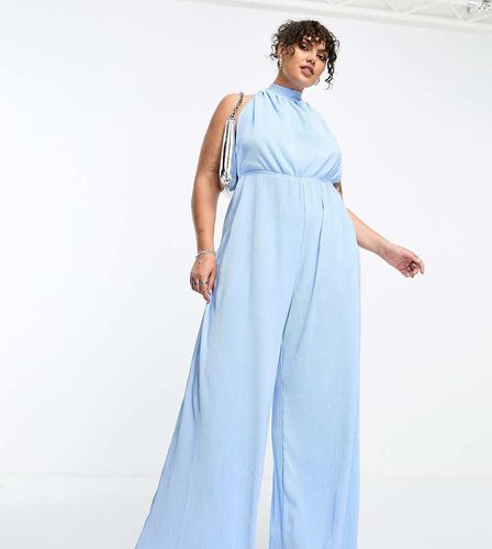 Tuta jumpsuit allacciata al collo plissé azzurra a fondo ultra ampio - Extro & Vert Plus - Modalova