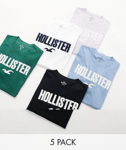 Confezione da 5 T-shirt bianca, lilla, blu, verde e nera con logo grande - Hollister - Modalova