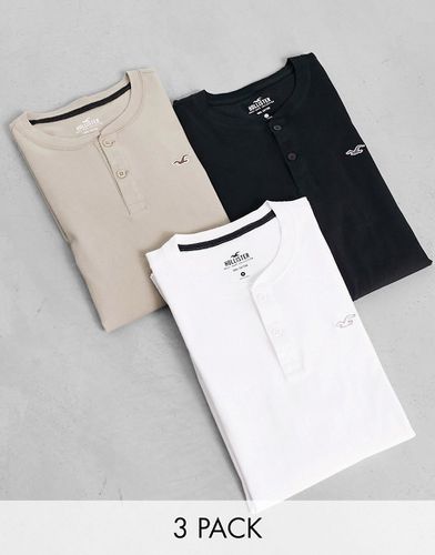 Icon - Confezione da 3 T-shirt serafino bianco/color cuoio/nero con logo - Hollister - Modalova