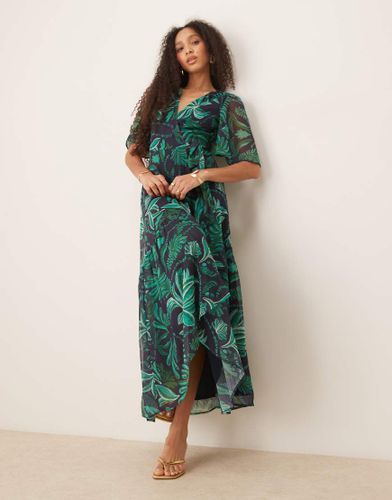 Robe portefeuille longue à manches évasées- Turquoise à imprimé palmier - Hope & Ivy - Modalova