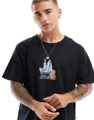 T-shirt oversize nera con stampa sul petto - Jack & Jones - Modalova