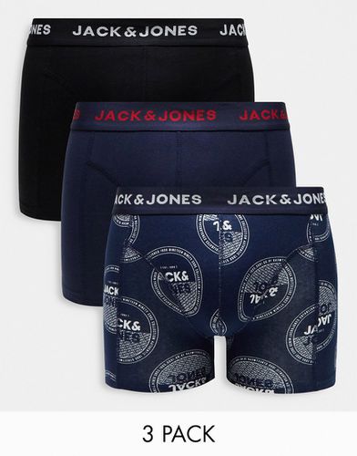 Confezione da 3 paia di boxer aderenti blu navy e neri con logo stampato - Jack & Jones - Modalova